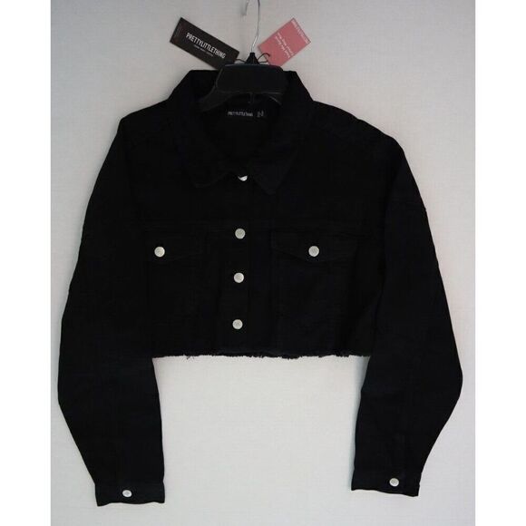 PRETTY LITTLE THING Women's Sz 12 Washed Black Basic Raw Edge Denim Crop Jacket - Picture 7 of 10